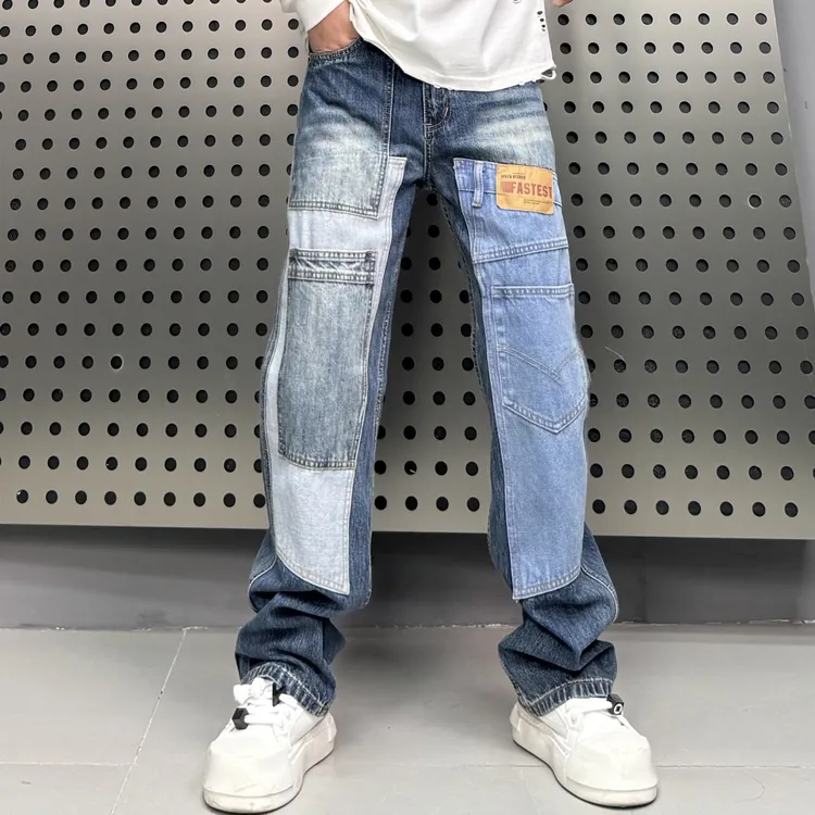 美式复古拼接直筒牛仔裤港风塑身塑型潮流百搭多口袋男士拼接牛仔