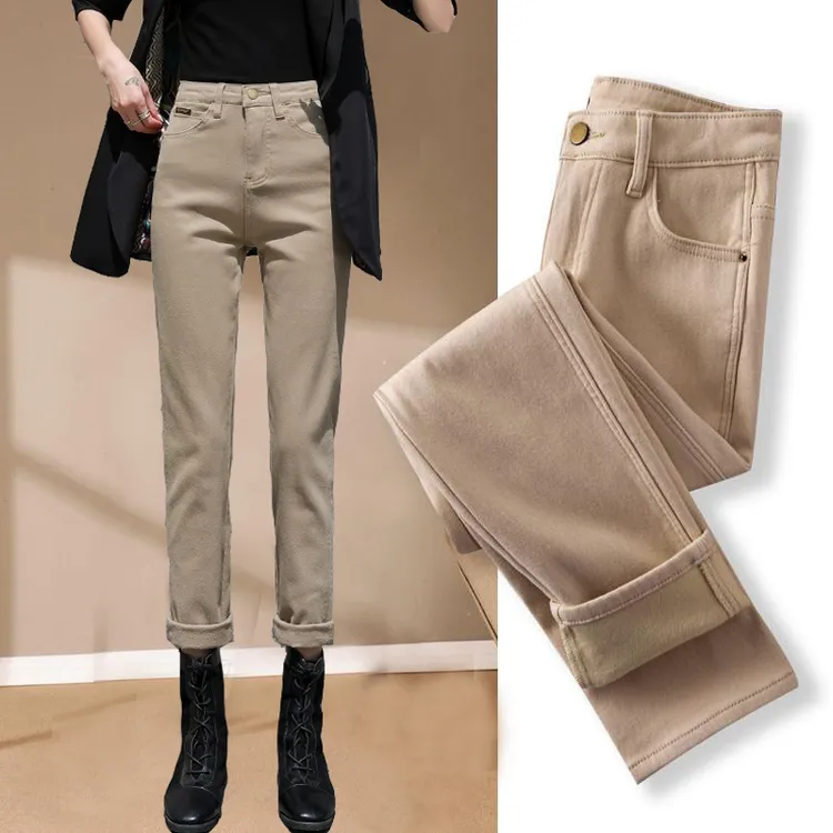 卡其色直筒2025年秋冬加绒女士牛仔裤高腰胖mm九分加厚烟管裤子女