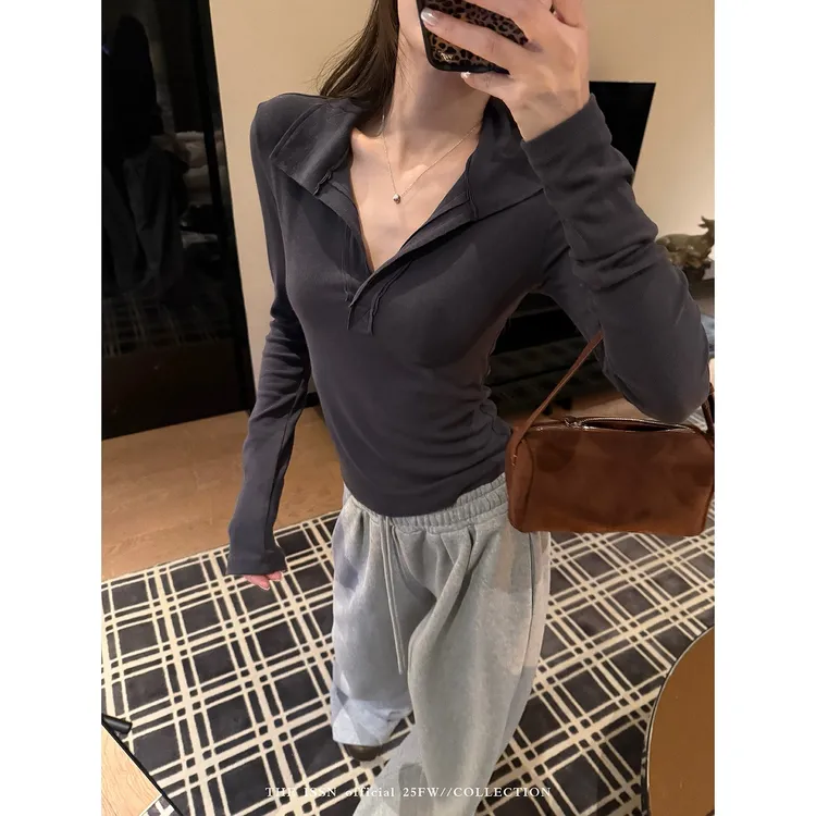 THEISSN宁司 灰色翻领正肩长袖T恤女早秋韩系修身上衣 01337