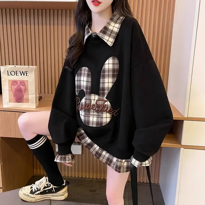 假两件格子2025早秋薄款卫衣女宽松中长款特大码胖mm显瘦刺绣上衣