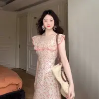 【现货+运补】粉色碎花连衣裙女装修身显瘦夏季独特方领气质裙2339