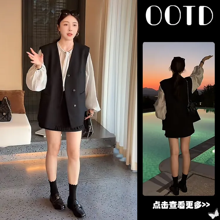 早秋穿搭一整套女2025新款韩版西装马甲飘带衬衫百搭短裙三件套
