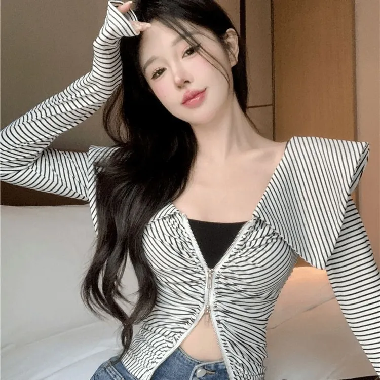 新款2025一字肩春季设计感荷叶边条纹恤长袖内搭上衣气质女显瘦