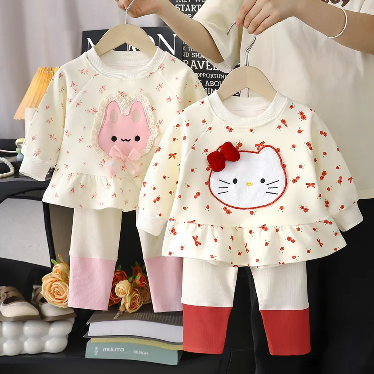 女童秋季碎花打底套装卡通动漫可爱两件套高弹柔软打底裤