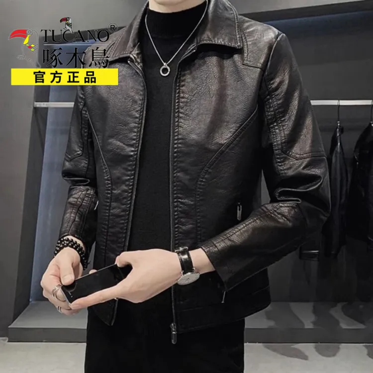 啄木鸟春秋翻领男士皮衣秋冬新款加绒宽松休闲夹克男装外套机车服