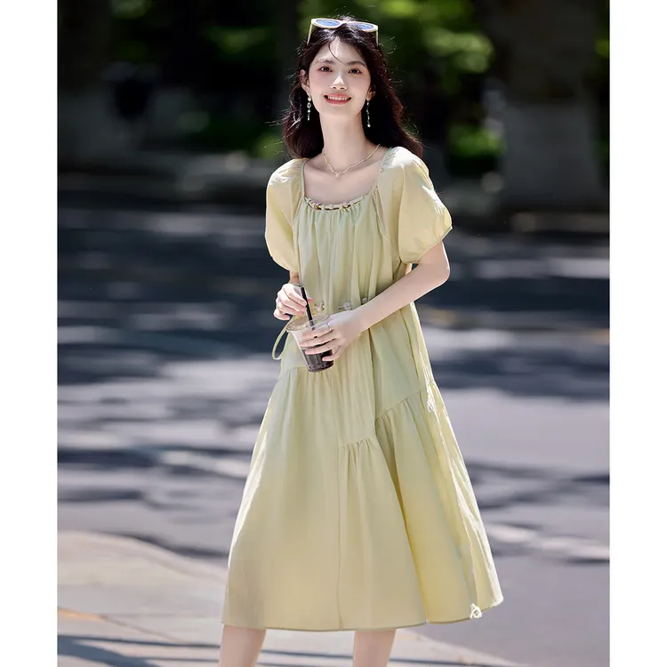 尚静街头风拼接褶皱设计感连衣裙2025夏季新款高腰中长裙百褶裙