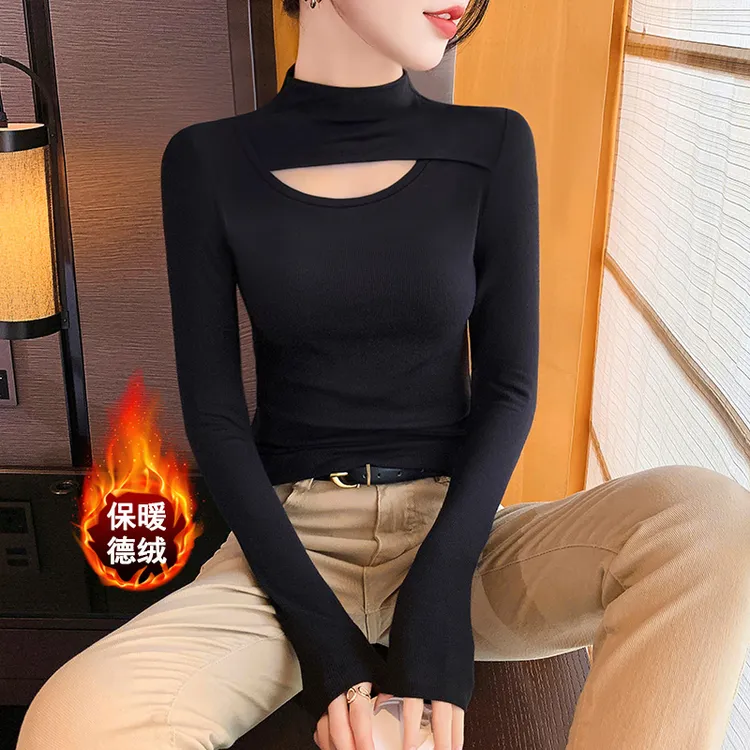 德绒半高领打底衫女镂空长袖t恤秋冬内搭修身高级感黑色磨毛上衣