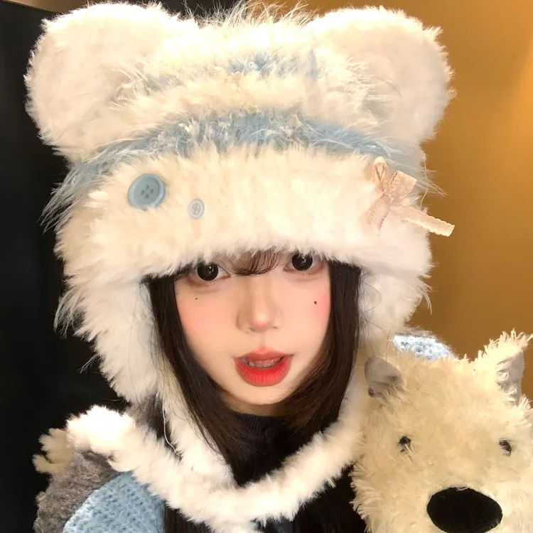 可爱猫耳朵毛绒针织帽子女秋冬季保暖加厚大头围显脸小护耳雷锋帽