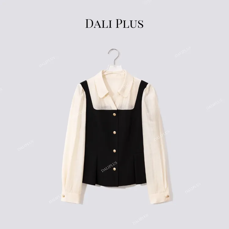 DALI PLUS“马甲衬衫”假两件醋酸天丝排扣长袖衬衫-D5SS7276