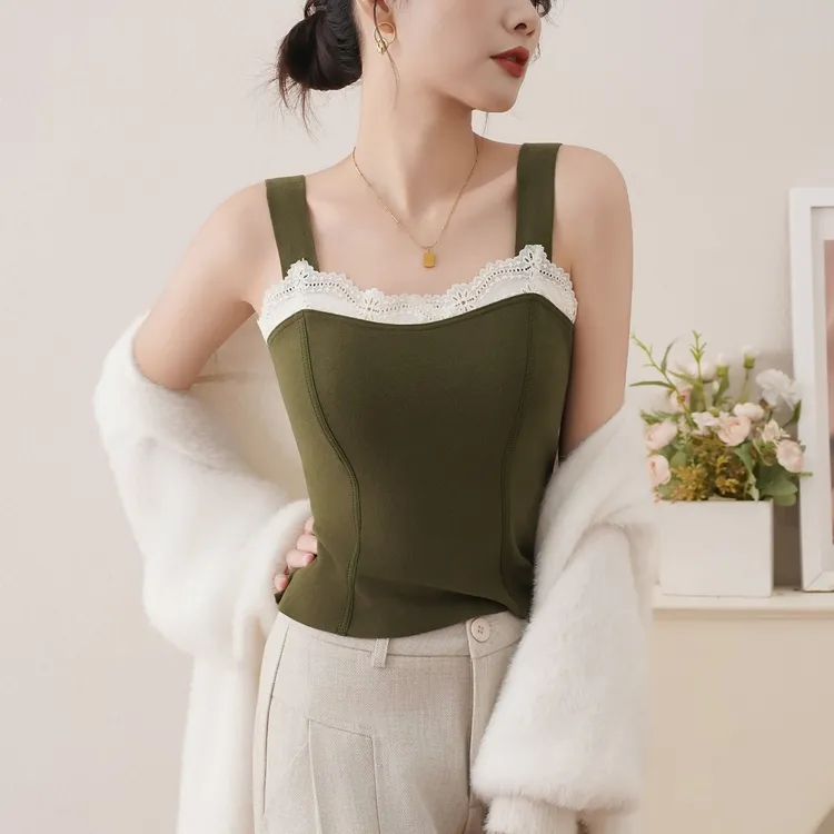 德绒无袖西装内搭女蕾丝带胸垫免穿文胸一体保暖背心吊带打底上衣