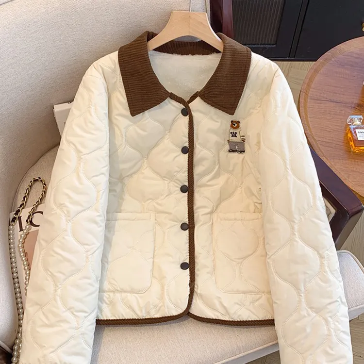 秋冬美式复古小熊刺绣撞色包边棉服女时尚菱格宽松加厚翻领外套