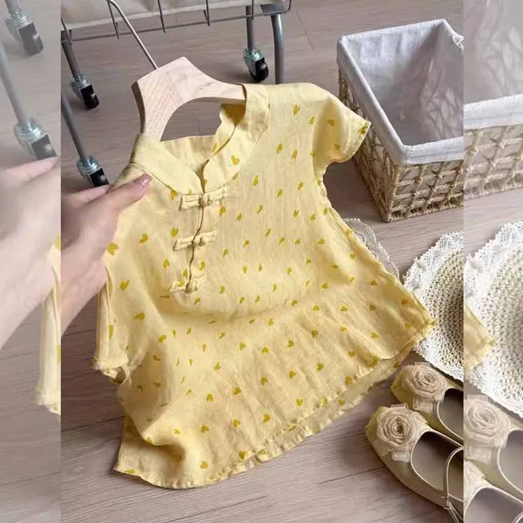 国风新中式爱心印花斜襟宽松夏季大码衬衫女显瘦高级感减龄休闲衣