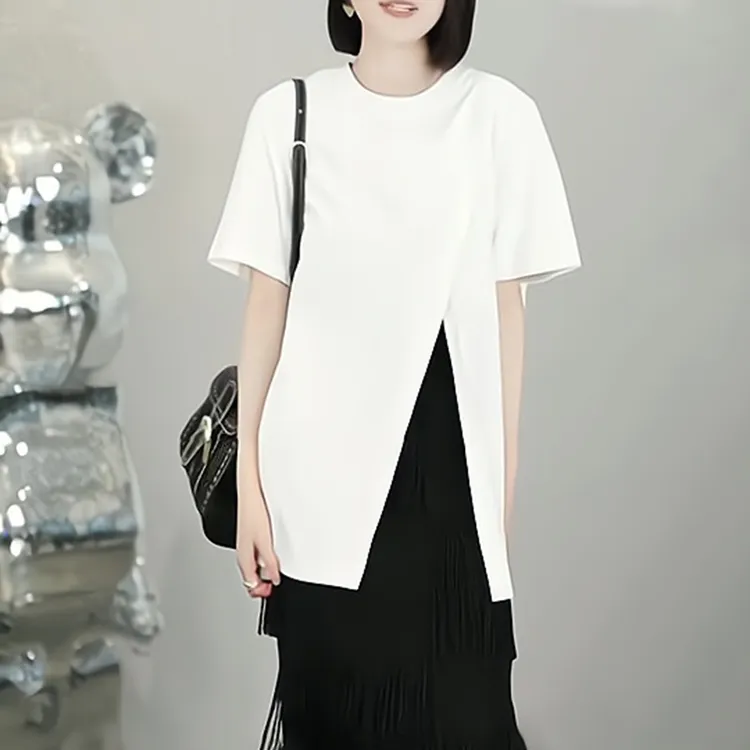 欧货简约设计感开叉短袖T恤女夏2025新款美式宽松显瘦中长款上衣