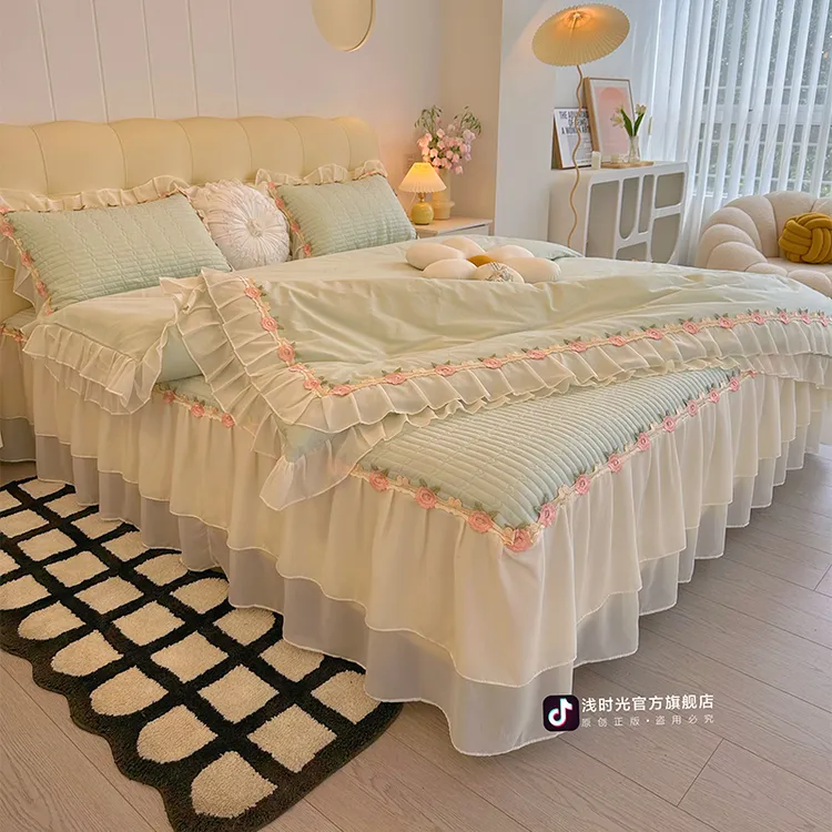 浅时光浪漫风纯色床裙夹棉款全棉床裙款四件套纯棉公主风花边床品