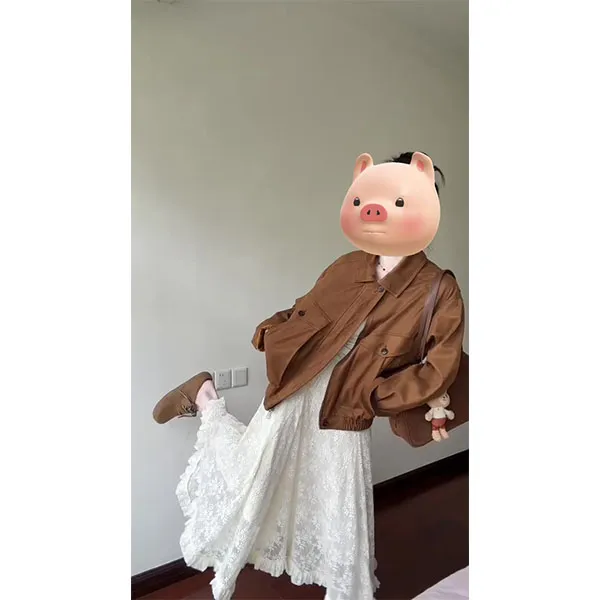 韩系棕色麂皮复古皮衣外套2025秋季经典花苞宽松廓形夹克裙子套装