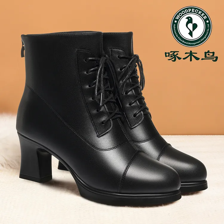 啄木鸟马丁靴女春秋单靴通勤百搭高跟短靴妈妈鞋秋冬皮鞋加绒女靴
