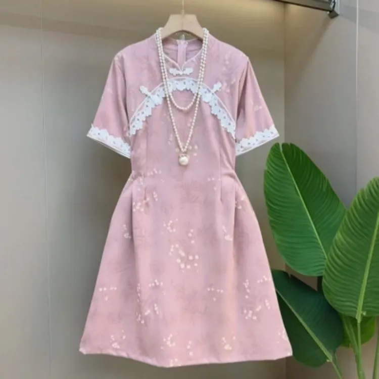 夏季奢华风成人旗袍领大码连衣裙中国风蕾丝显瘦气质时尚轻奢