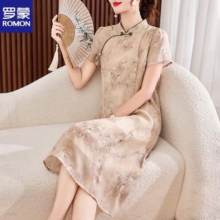 罗蒙妈妈夏装时尚雪纺连衣裙改良旗袍裙子中老年女装短袖国风裙子