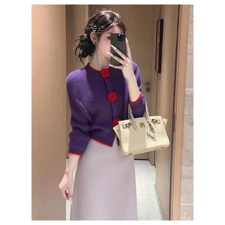2025冬季超火一整套气质减龄穿搭大方得体减龄洋气紫色毛衣套装裙