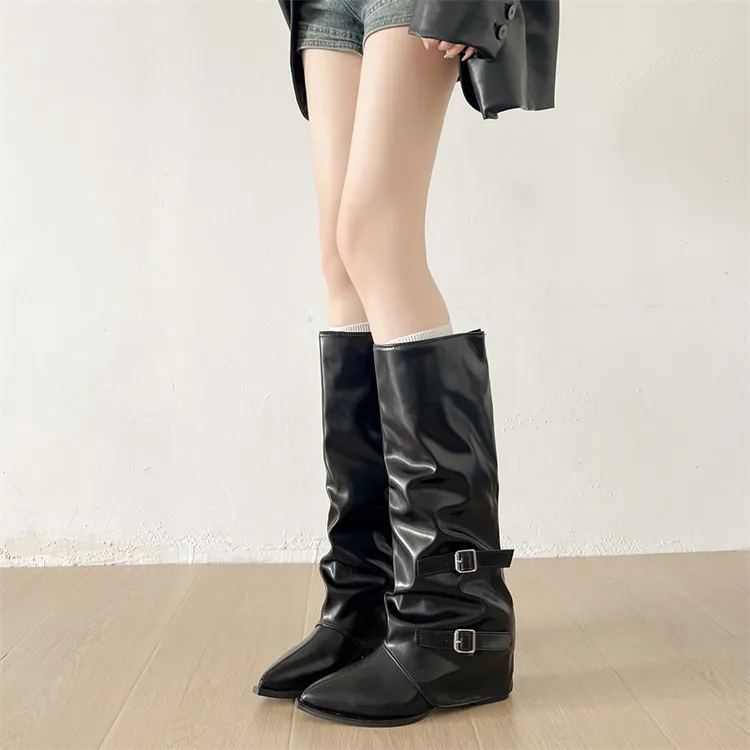 【梦梦家女鞋】辣妹高筒靴女尖头粗跟不过膝长筒靴秋冬新款骑士靴