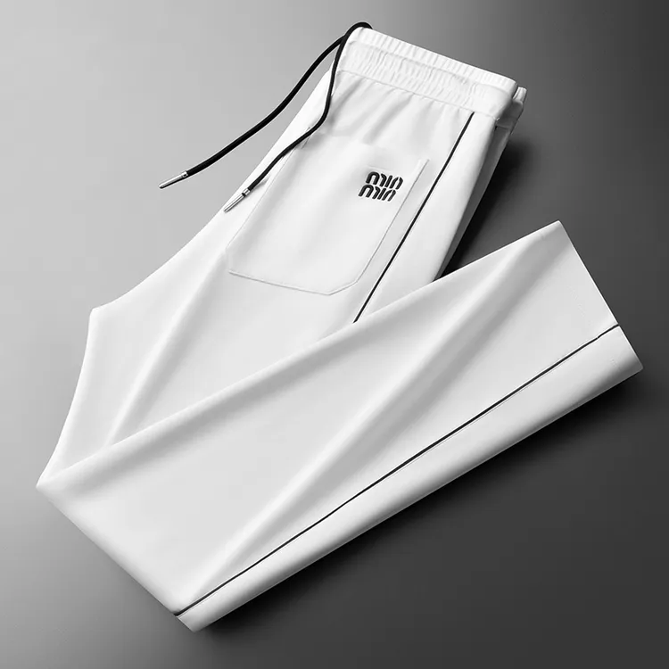 轻奢高端白色休闲运动裤男夏季薄款刺绣修身直筒弹力撞色裤子潮流