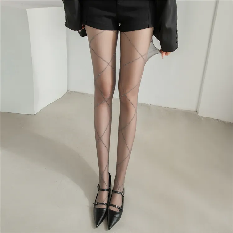 菱形格丝袜闪光微透灰色打底裤女性感美腿银丝连裤袜薄款打底袜子