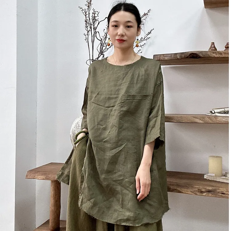 春夏款气质禅服新中式毛边茶服衬衫中长款复古夏季宽松型文艺宽松