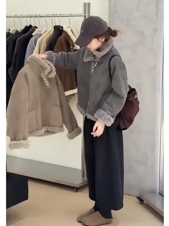 冬季套装高级感翻领加绒加厚外套百搭复古短款夹克阔腿裤两件套装