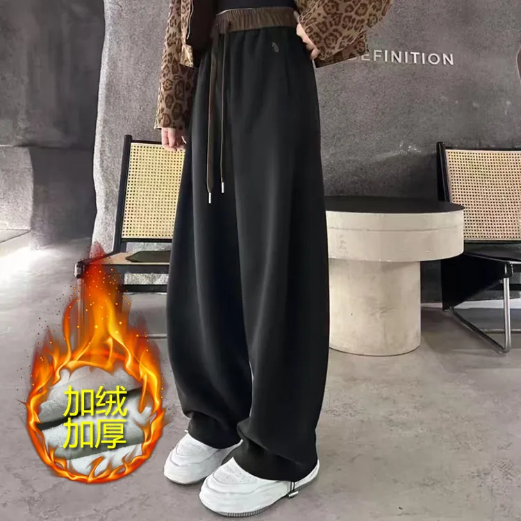 刺绣拼色高腰休闲裤2025新款秋冬厚款卫裤一裤两穿阔腿裤拖地裤