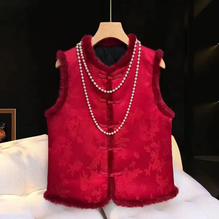 马夹加绒国风秋冬坎肩红色2024新款保暖盘扣气质加厚马甲外套中式