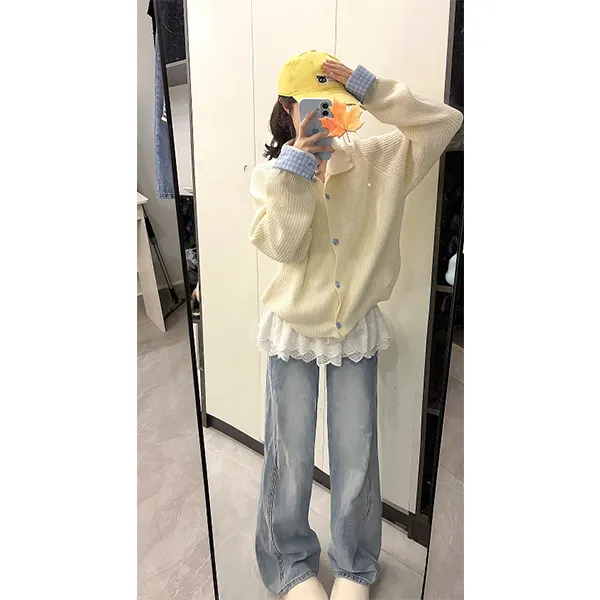 白色毛衣外套女秋季韩系格子拼接假两件针织开衫内搭裤子三件套装
