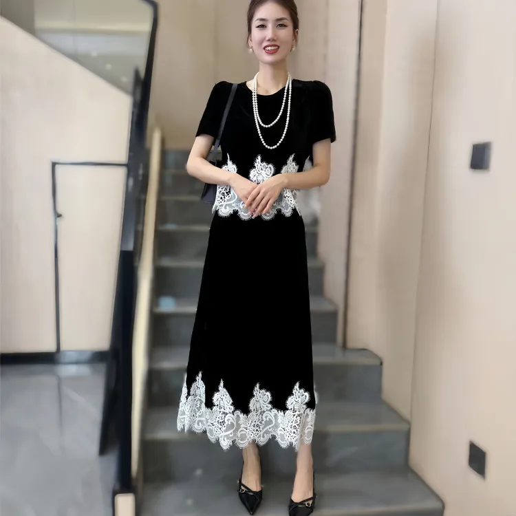 早秋复古港风裙子时尚蕾丝拼接丝绒中国风长裙轻熟风时尚套装