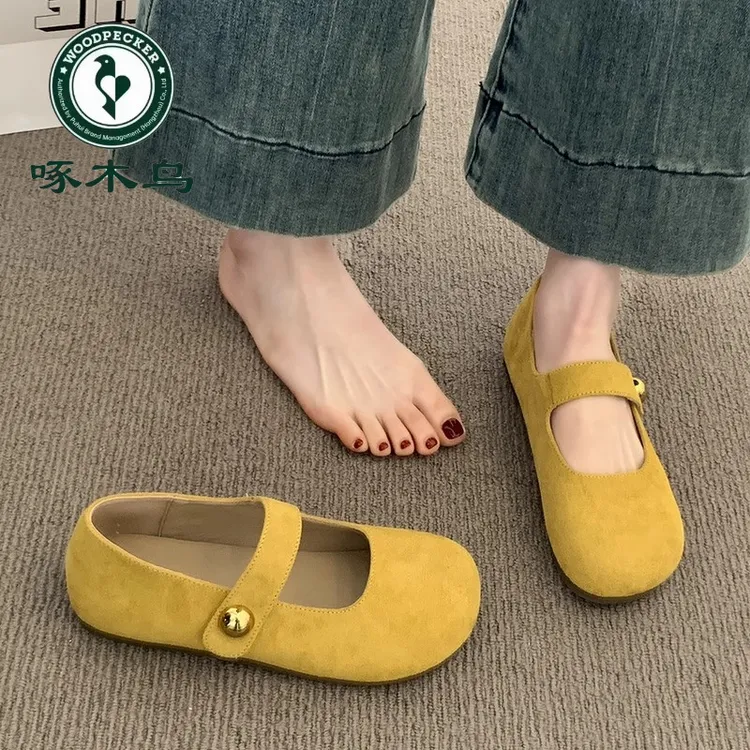 啄木鸟黄色勃肯鞋女2025新款春夏单鞋平底玛丽珍鞋复古奶奶豆豆鞋