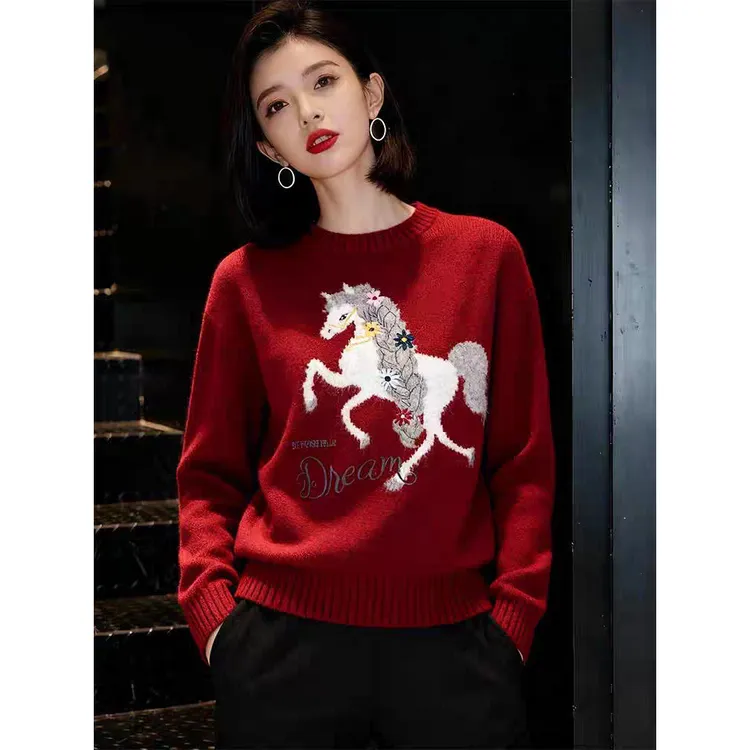 小马图案红色长袖毛衣女时尚新款软糯保暖针织衫本命年上衣A5-13