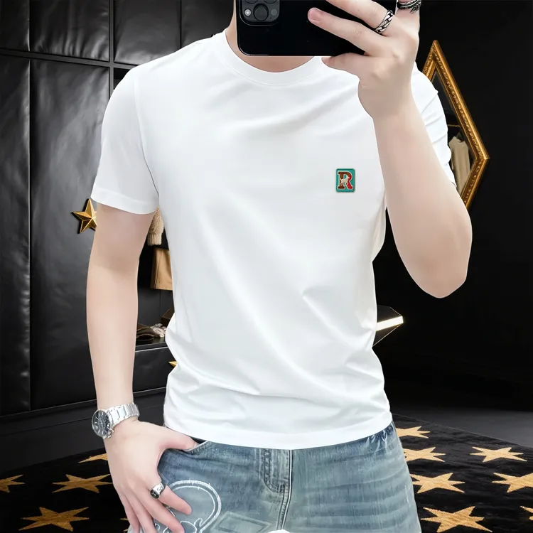 2025欧货轻奢高端字母刺绣短袖纯色商务休闲百搭夏季新款男士T恤