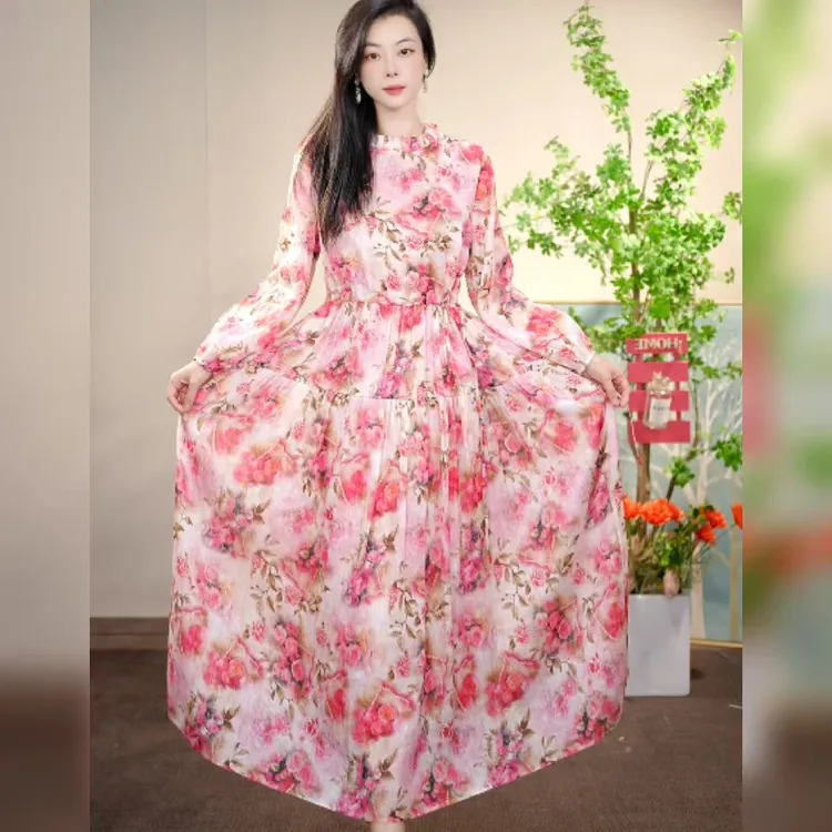 【多米拉】23422-6粉雾花卉春秋亚麻百搭时尚连衣裙