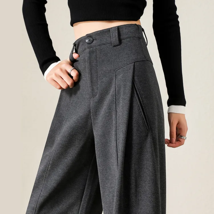 灰色毛呢休闲裤子女冬季新款大码胖mm显瘦高腰宽松加厚垂感直筒裤