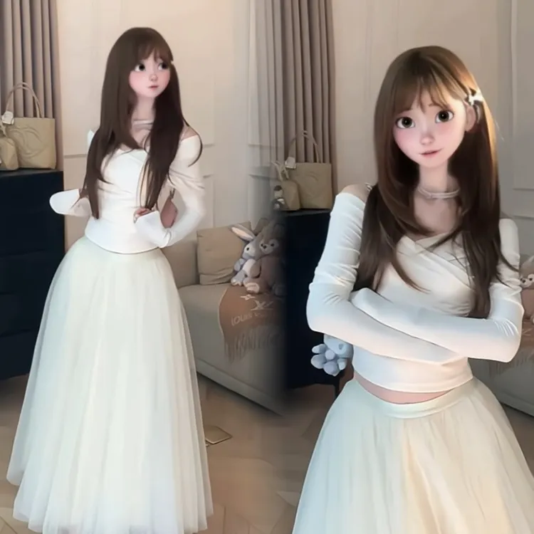 白月光长袖褶皱v领交叉上衣+甜美柔纱重工松紧腰半裙白杏两色套装