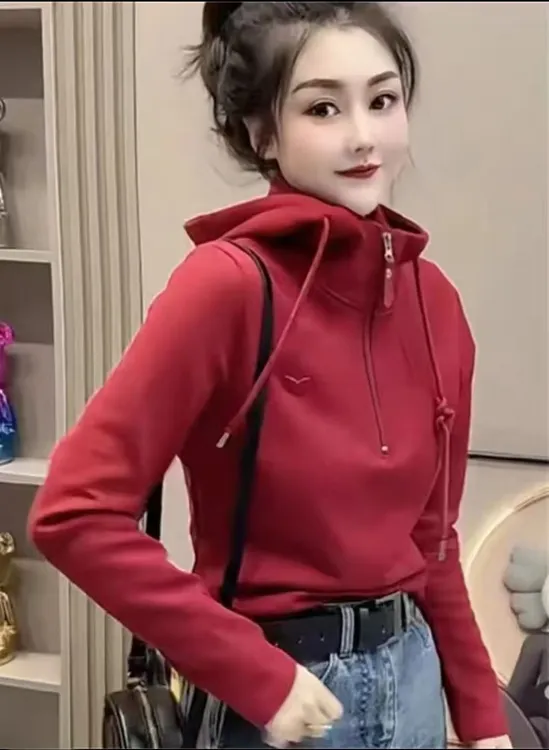 大码女装爱心刺绣半拉链连帽T恤卫衣新款时尚洋气减龄长袖上衣