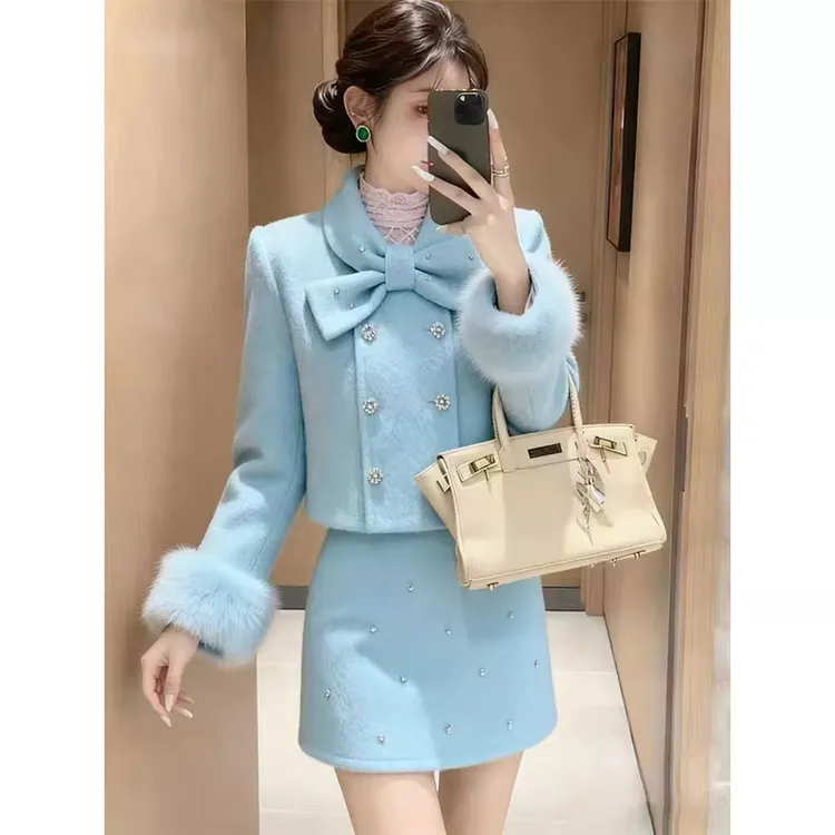 韩版冬季小香风名媛轻奢蓝色蝴蝶结长袖加厚毛呢外套短裙时尚套装