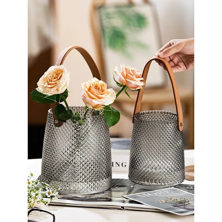 欧式轻奢创意皮革手提花瓶玻璃水养插花玫瑰客厅餐桌装饰摆件Z037