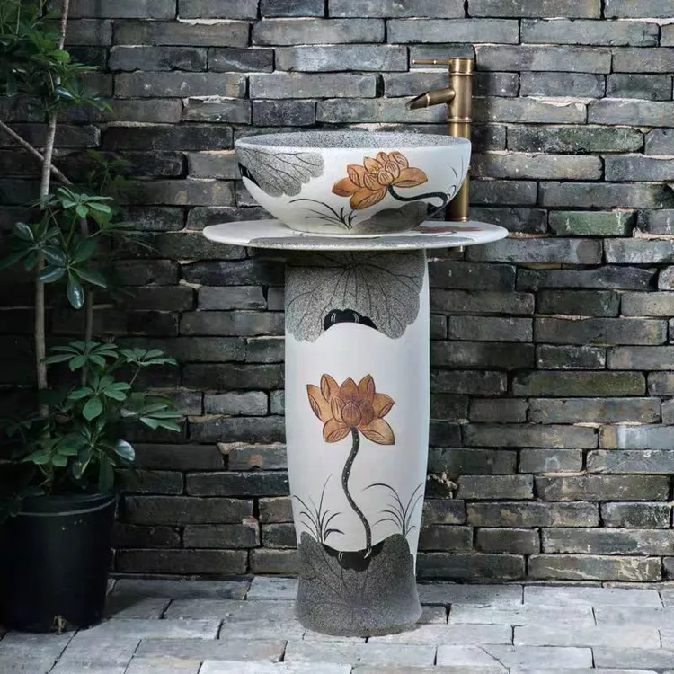 立柱洗手盆一体落地复古洗手池阳台柱盆卫生间花园户外洗脸盆庭院