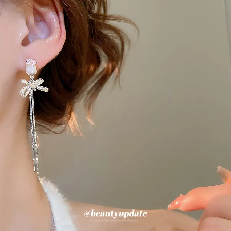 BY银针滴油玫瑰花蝴蝶结流苏耳环轻奢高级感气质耳钉轻奢时尚耳饰
