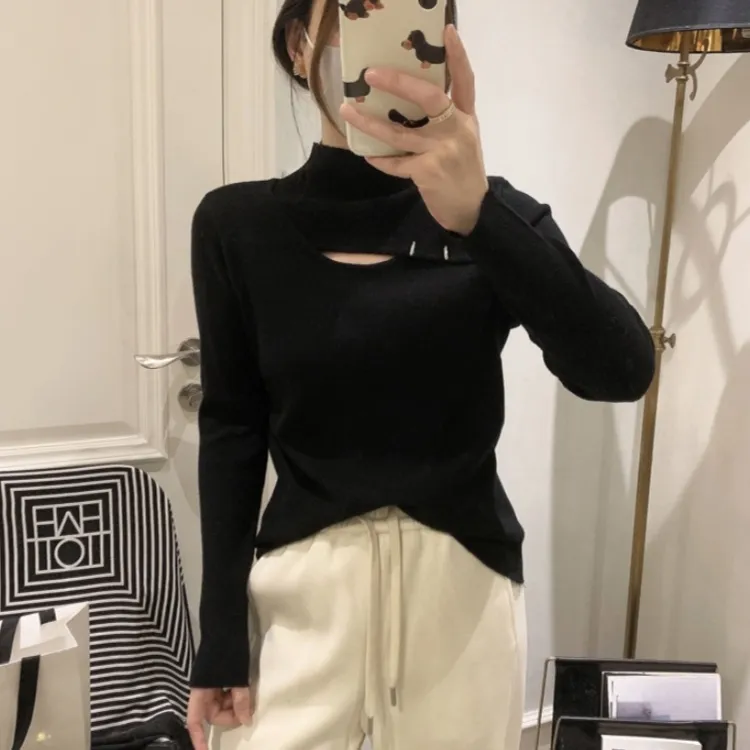 时尚镂空小心机半高领针织衫秋装新款修身显瘦打底衫头套长袖上衣