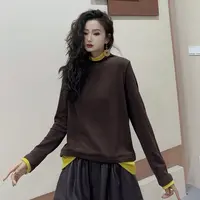 2025早秋假两件撞色圆领长袖正肩t恤女设计感修身显瘦上衣-25113