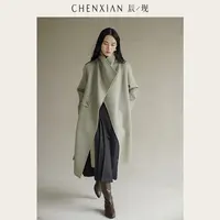 CHENXIAN辰现大波浪翻领双面呢子大衣中长款斗篷外套宽松女冬