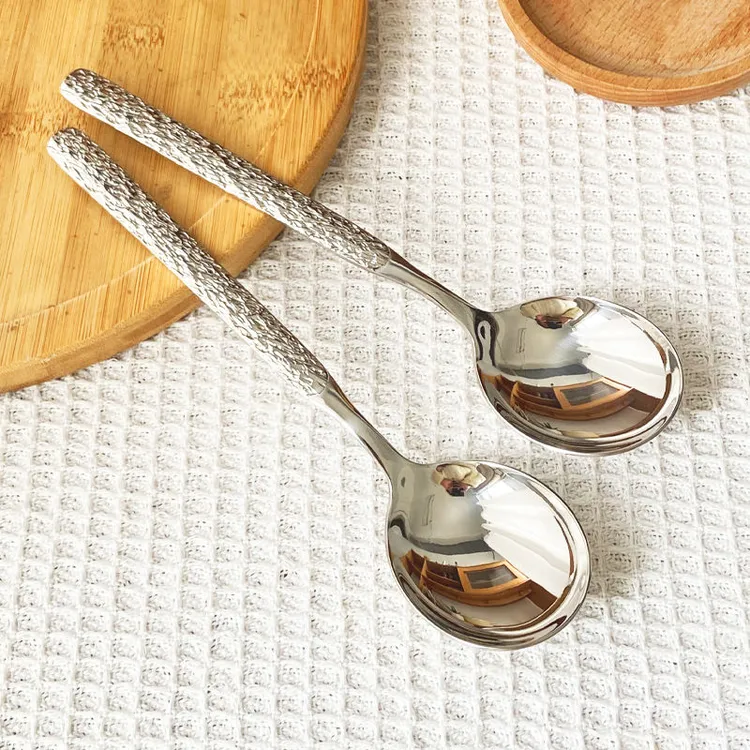 【到手2支】18-10冰裂纹圆头勺家用汤匙长柄勺喝汤西餐勺厨房配件