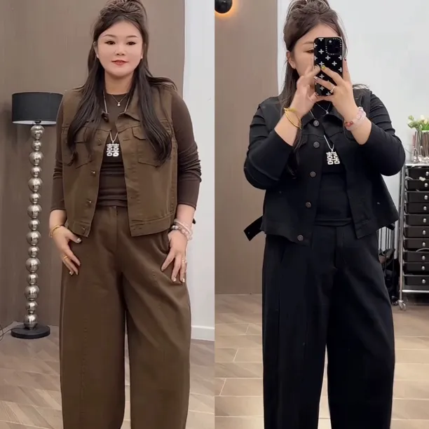 秋季新款牛仔马甲阔腿裤套装洋气减龄显瘦时尚