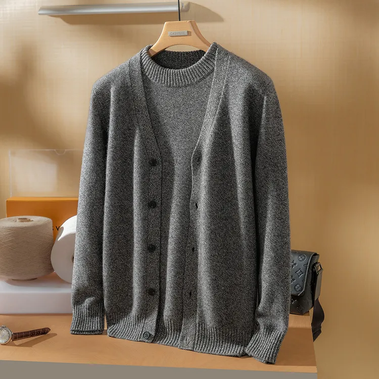之禾同款韩版男士针织圆领秋季V领纯色加厚款100纯山羊绒花纱套衫