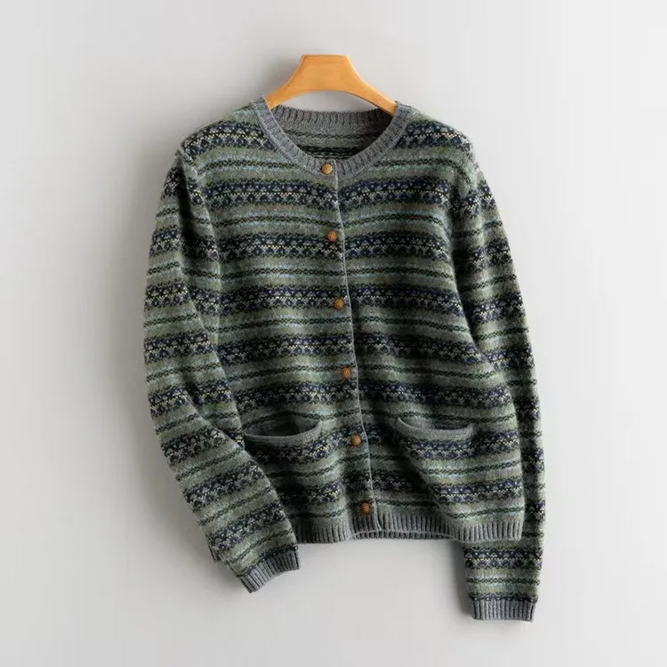 100%纯山羊绒秋冬女款费尔岛休闲绿色提花加厚开衫外套针织宽松